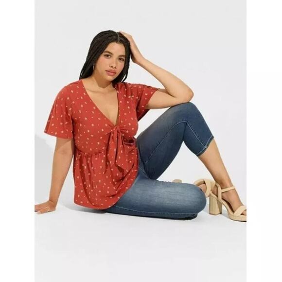 Torrid Jersey V-Neck Relaxed Tie Front Crop Top Terracota Bossa Nova 1X - Picture 1 of 8